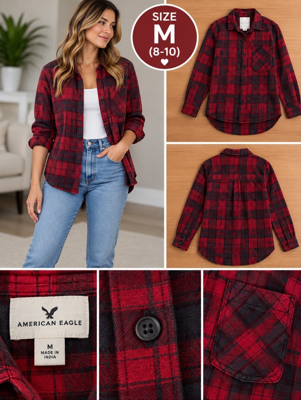 American eagle Women's medium red plaid button front top #32